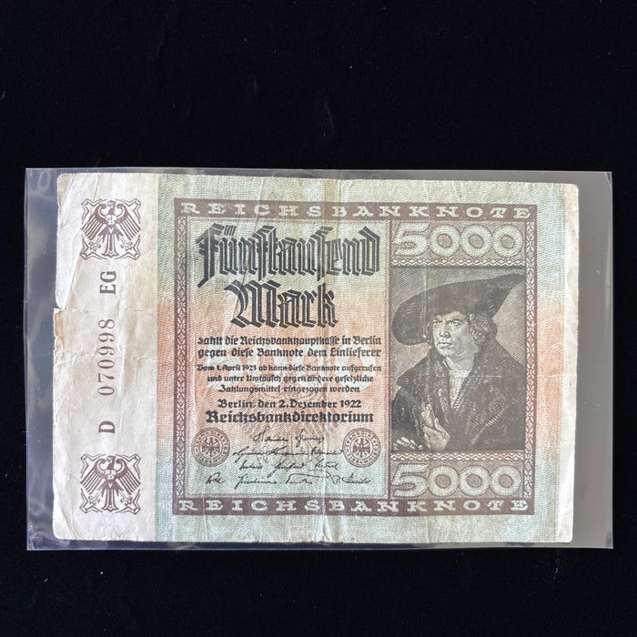 Antique Banknote 1922 German Hyperinflation Weimar 5000 Mark Relic Watermarked