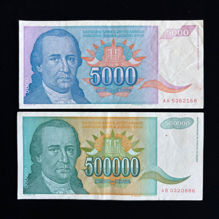 Vintage Banknote Lot Hyperinflation 5,000 / 500,000 Dinara 1993 UV Verified