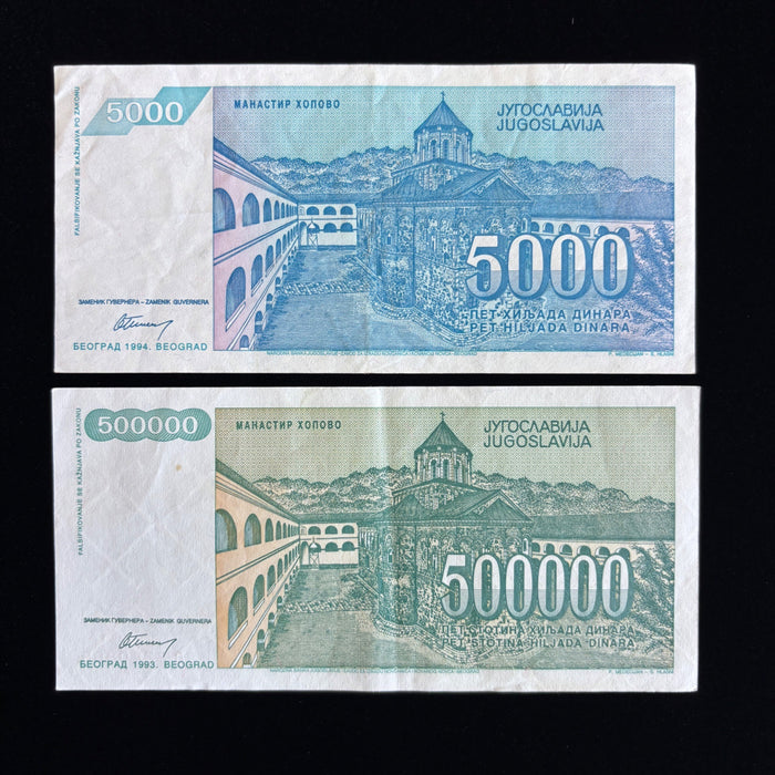 Vintage Banknote Lot Hyperinflation 5,000 / 500,000 Dinara 1993 UV Verified