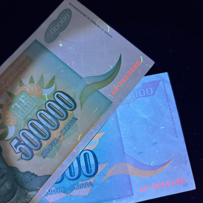 Vintage Banknote Lot Hyperinflation 5,000 / 500,000 Dinara 1993 UV Verified