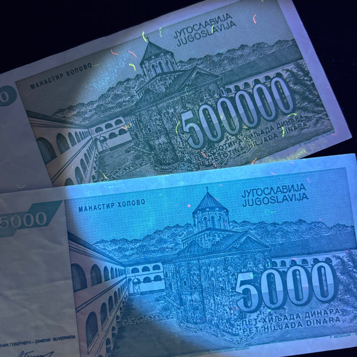 Vintage Banknote Lot Hyperinflation 5,000 / 500,000 Dinara 1993 UV Verified