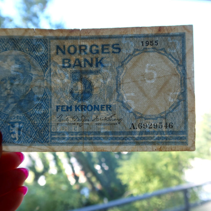 Vintage Norway 5 Kroner Banknote 1955 Series IV Fridtjof Nansen Lofoten