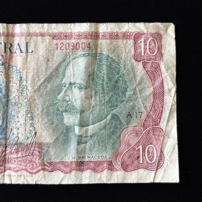 Vintage Banknote Chile 10 Escudos Watermark President Balmaceda Independence
