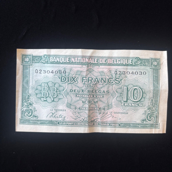 Vintage Banknote 1943 WWII 2 Belgas Belgium Allied Liberation 10 Franc Currency