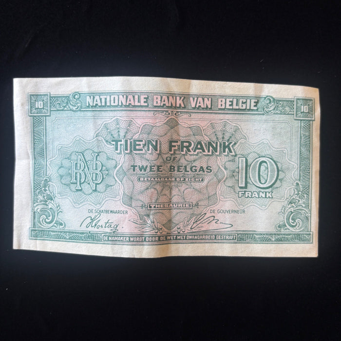 Vintage Banknote 1943 WWII 2 Belgas Belgium Allied Liberation 10 Franc Currency