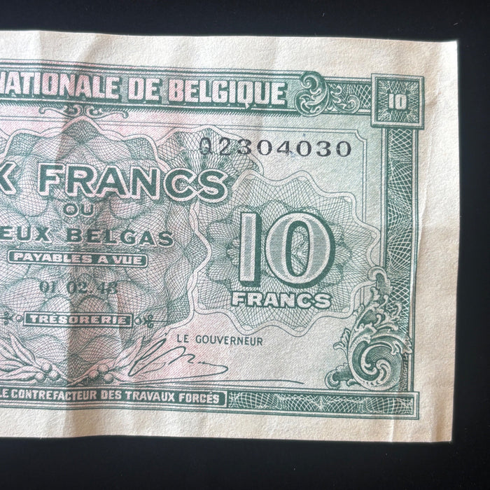 Vintage Banknote 1943 WWII 2 Belgas Belgium Allied Liberation 10 Franc Currency