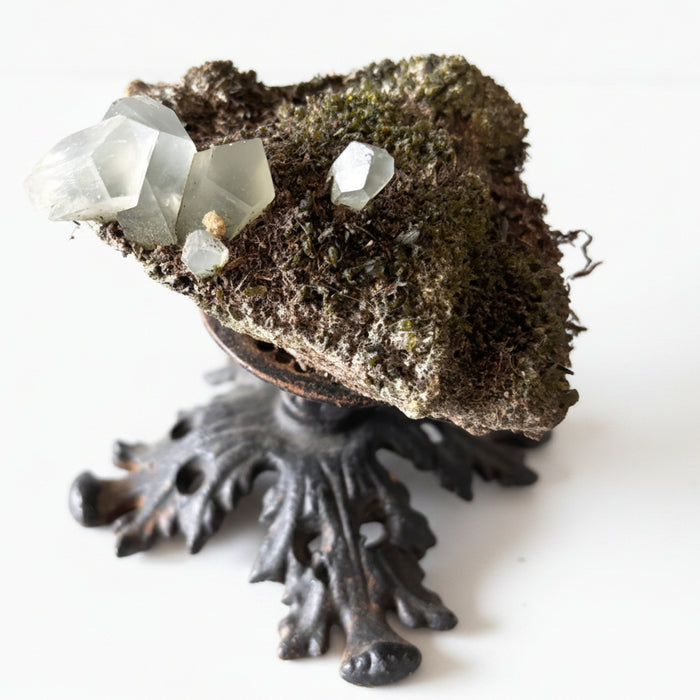 Phantom Quartz Cluster Moss Crystal Ornate Stand