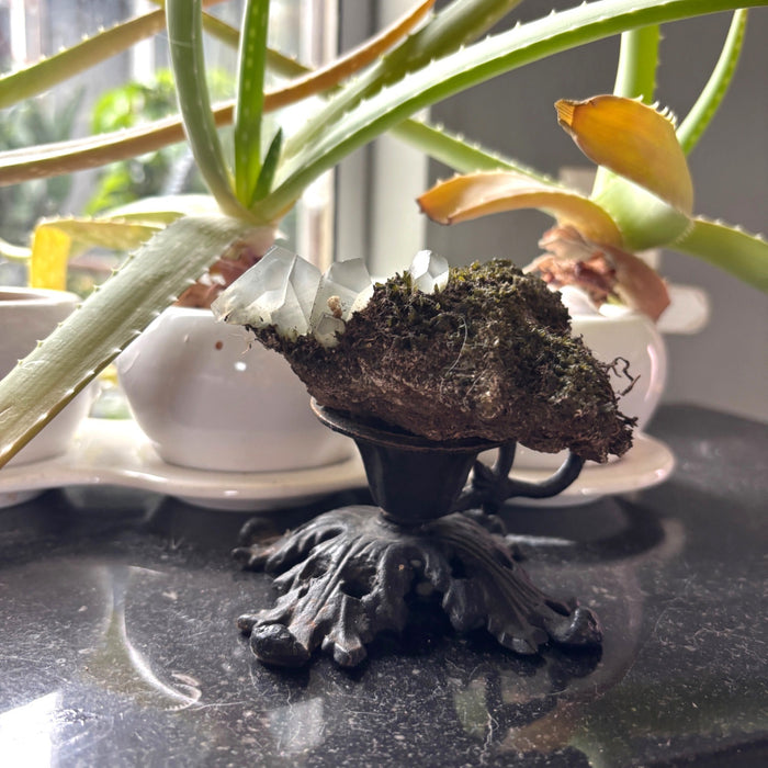 Phantom Quartz Cluster Moss Crystal Ornate Stand