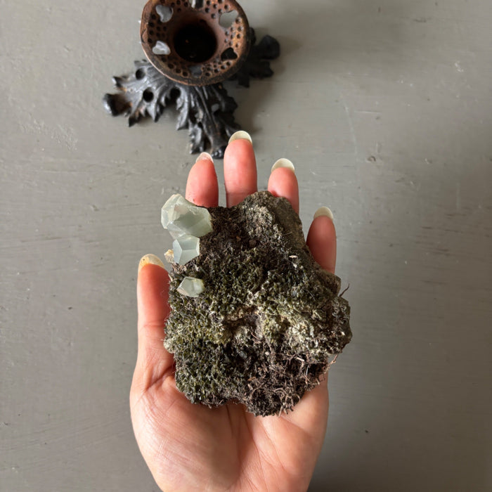 Phantom Quartz Cluster Moss Crystal Ornate Stand