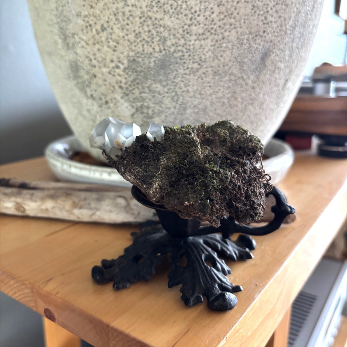 Phantom Quartz Cluster Moss Crystal Ornate Stand