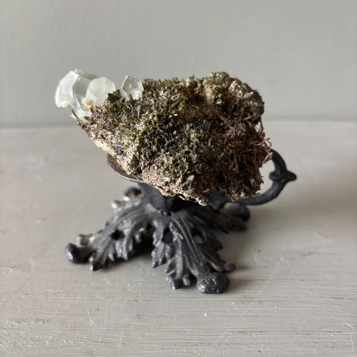 Phantom Quartz Cluster Moss Crystal Ornate Stand