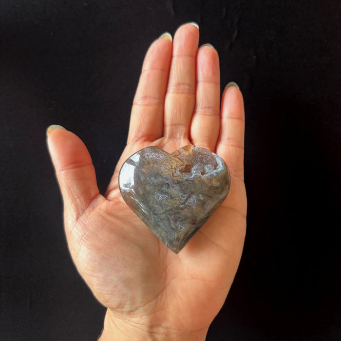 Moss Agate Heart Druzy Vug Crystal Polished Plume Stone