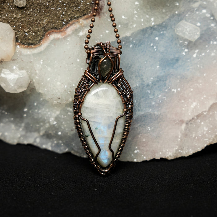 Rainbow Moonstone Pendant Drop of Moonlight Copper