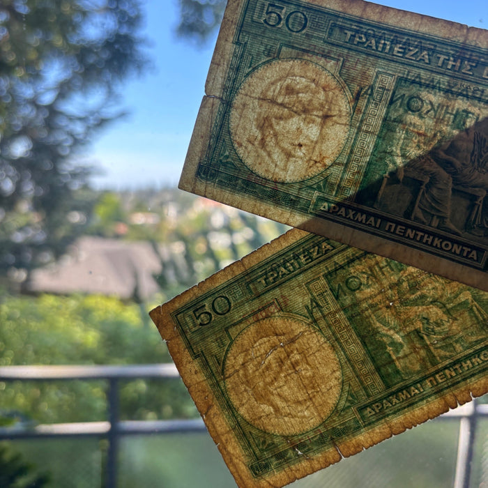Vintage Banknote Lot 1939 Greek 50 Drachma Greece Gods Poet Hesiod Thessaloniki