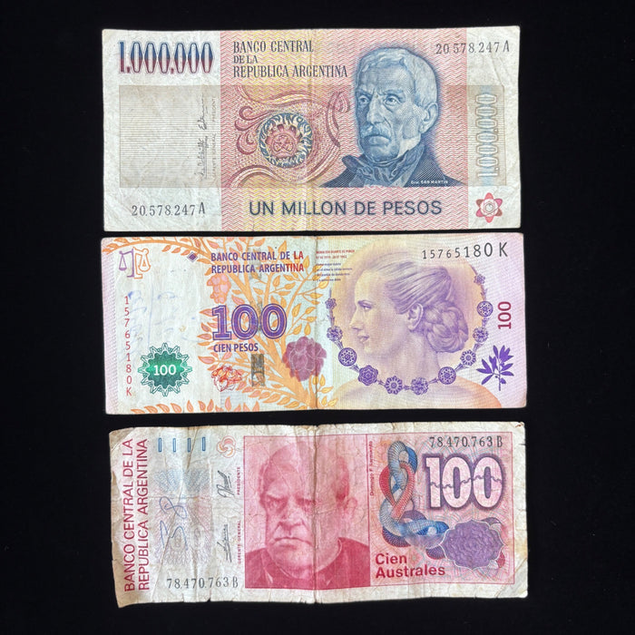Argentina Banknote Lot Hyperinflation Million Pesos Evita Australes Watermark UV