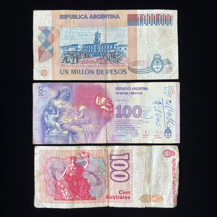 Argentina Banknote Lot Hyperinflation Million Pesos Evita Australes Watermark UV
