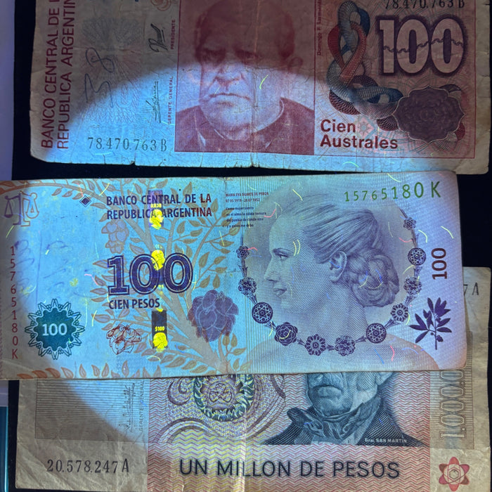 Argentina Banknote Lot Hyperinflation Million Pesos Evita Australes Watermark UV