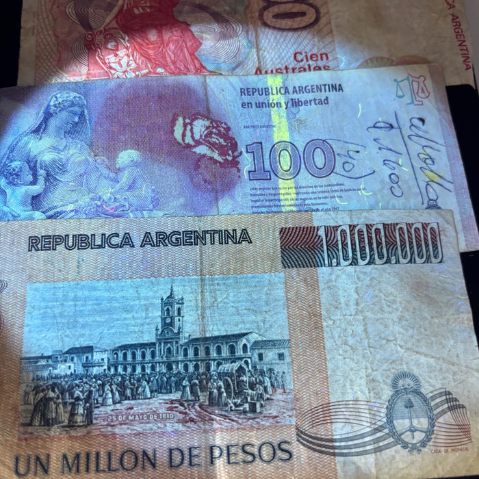 Argentina Banknote Lot Hyperinflation Million Pesos Evita Australes Watermark UV