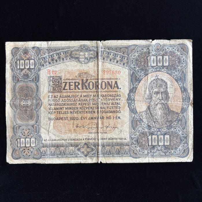 Antique Banknote 1920 Hungary 1000 Korona King Saint Stephen Big European Relic