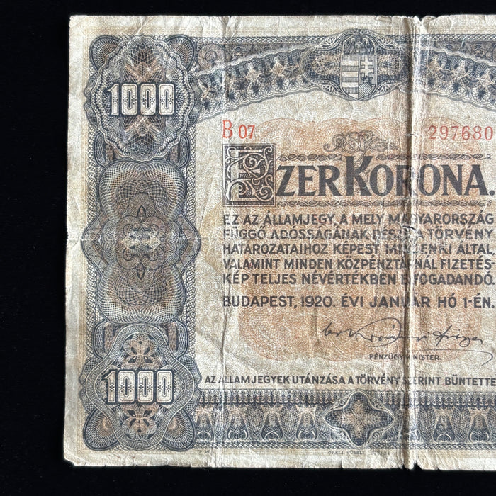 Antique Banknote 1920 Hungary 1000 Korona King Saint Stephen Big European Relic