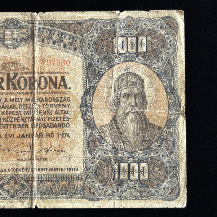 Antique Banknote 1920 Hungary 1000 Korona King Saint Stephen Big European Relic