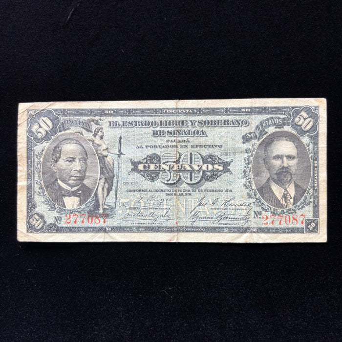 Antique Banknote 1915 Mexico Sinaloa Revolution 50 Centavos Currency History Art