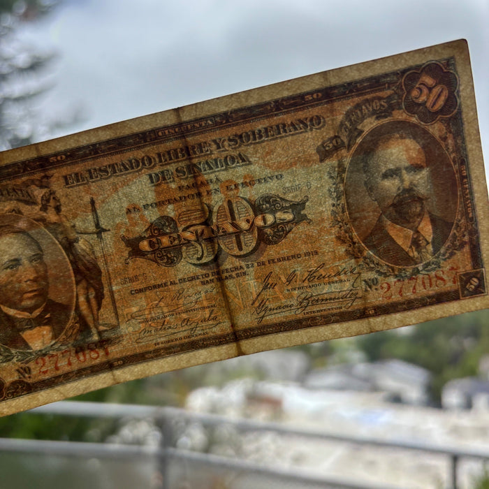 Antique Banknote 1915 Mexico Sinaloa Revolution 50 Centavos Currency History Art