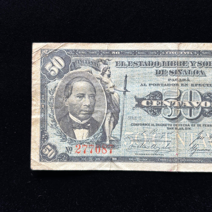 Antique Banknote 1915 Mexico Sinaloa Revolution 50 Centavos Currency History Art