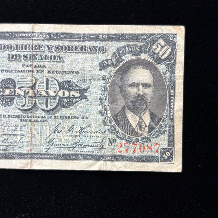 Antique Banknote 1915 Mexico Sinaloa Revolution 50 Centavos Currency History Art