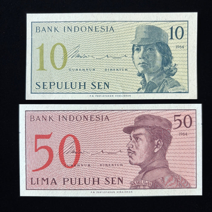 Vintage Banknote Lot 1964 Indonesia 10 & 50 Sen Dwikora Volunteer Military UNC