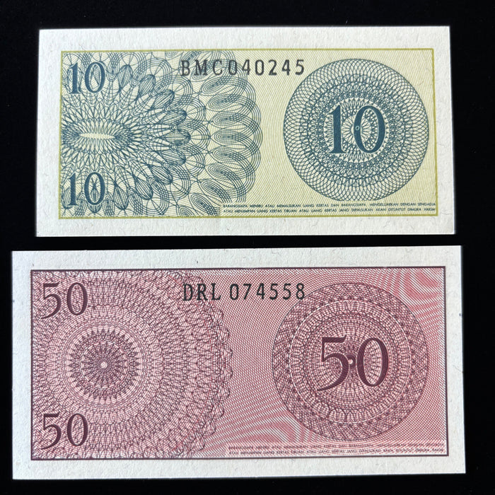 Vintage Banknote Lot 1964 Indonesia 10 & 50 Sen Dwikora Volunteer Military UNC