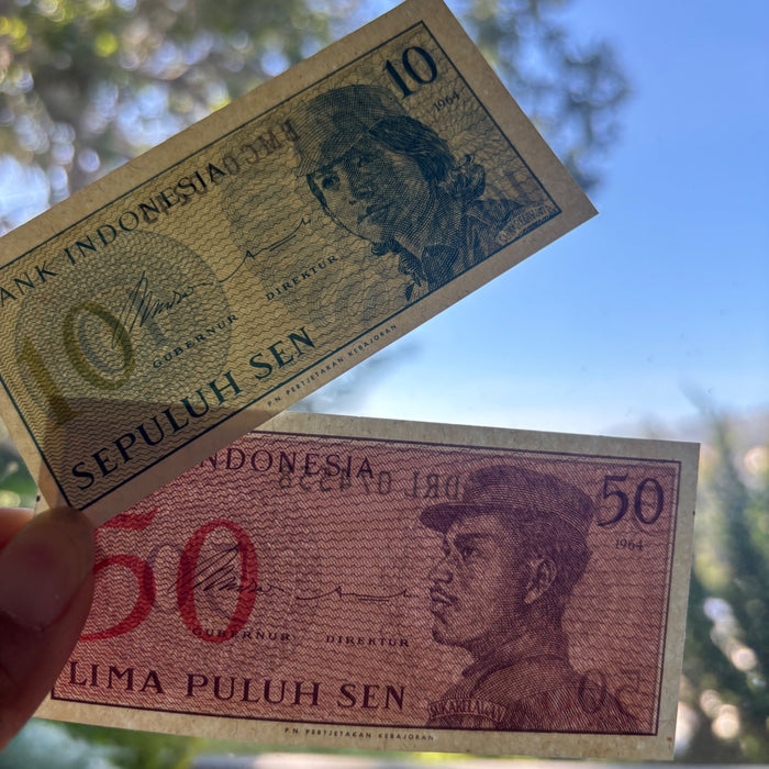 Vintage Banknote Lot 1964 Indonesia 10 & 50 Sen Dwikora Volunteer Military UNC