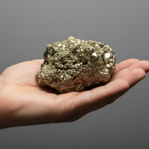Hand holding a large pyrite crystal against a gray background
