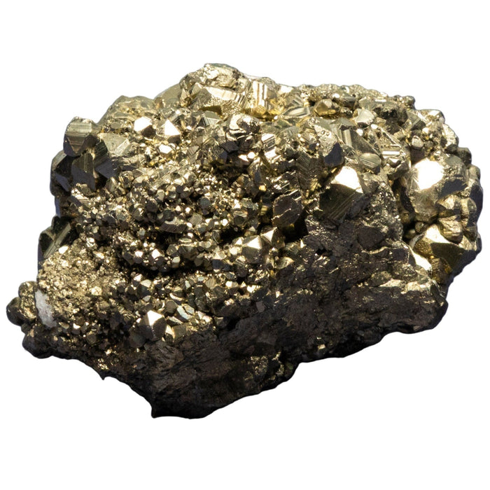 Pyrite Mineral sample with crystal formations on a white background