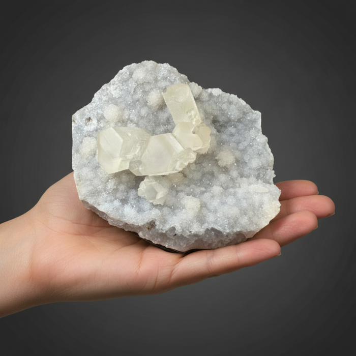 Hand holding a crystal rock with clear crystals against a dark background
