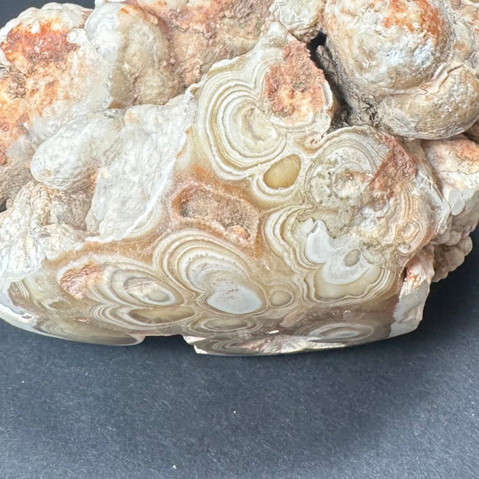 Decorative stone with swirling patterns on a dark gray background