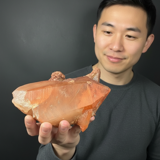 Man holding a large orange quartz crystal against a dark background