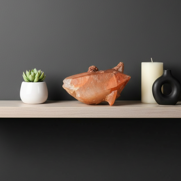 Decorative items including a potted plant, orange stone sculpture, white candle, and black vase on a wooden shelf against a dark gray wall.