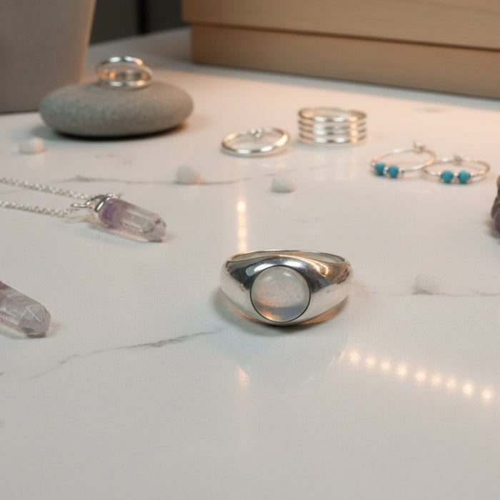 Rainbow Moonstone Ring Eye of Luna Sterling Silver Size 11.5