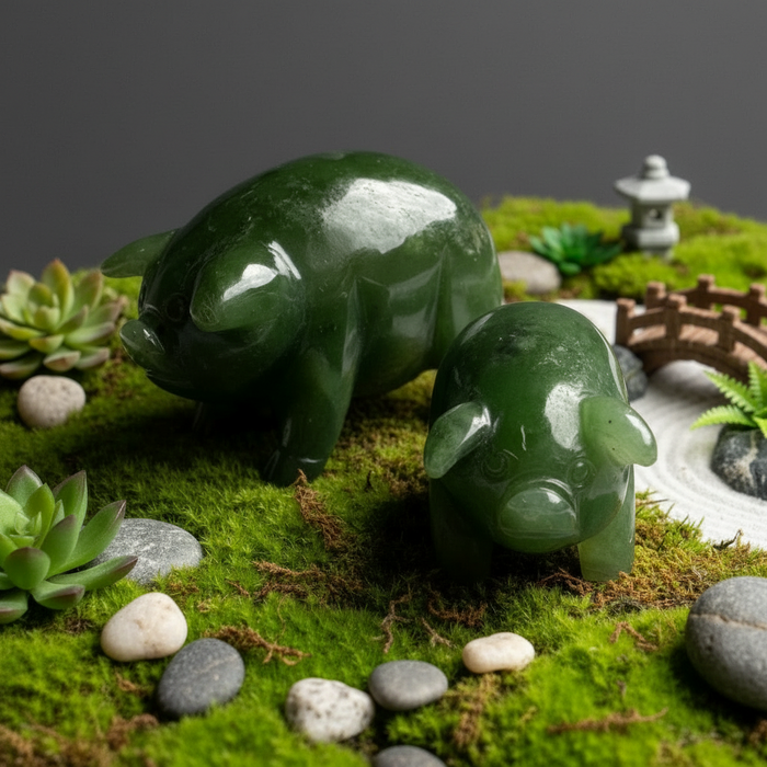 Two green jade pigs on a miniature landscape with plants and a bridge.