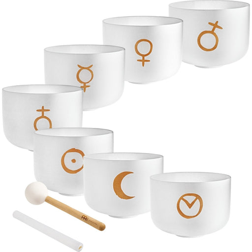 Set of white singing bowls with gold symbols on a white background