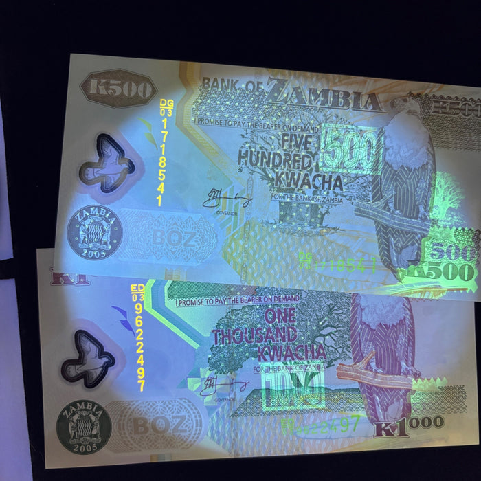 Vintage Banknote Lot 2005 Zambia Dove Watermark UV Elephant African Eagle UNC