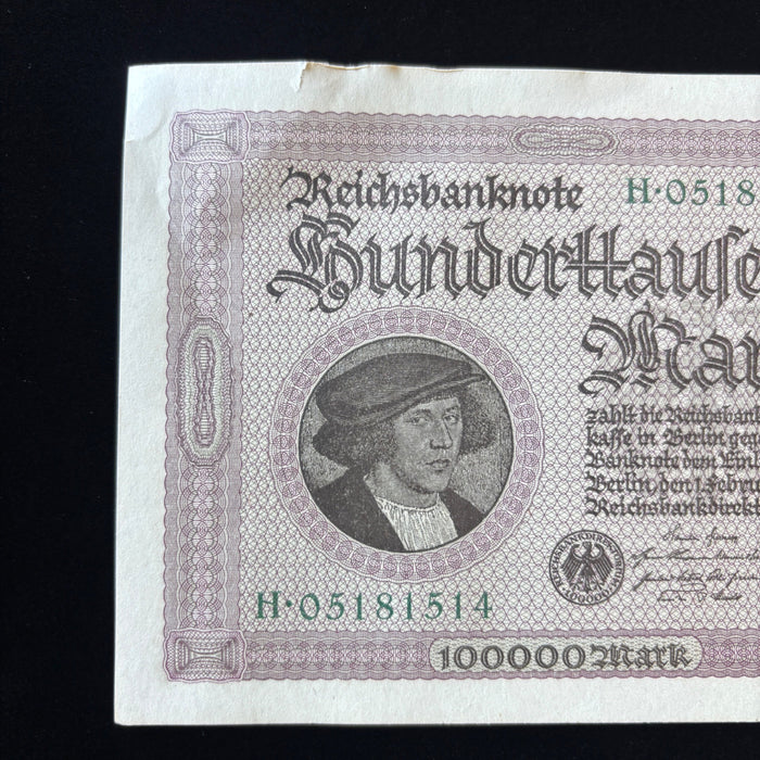 Antique Banknote 1923 Germany Reichsbanknote 100,000 Mark Large Hyperinflation