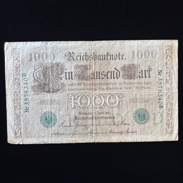 Antique Banknote 1910 German 1000 Mark Reichsbanknote Imperial Empire Blue Seal