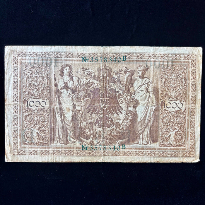 Antique Banknote 1910 German 1000 Mark Reichsbanknote Imperial Empire Blue Seal