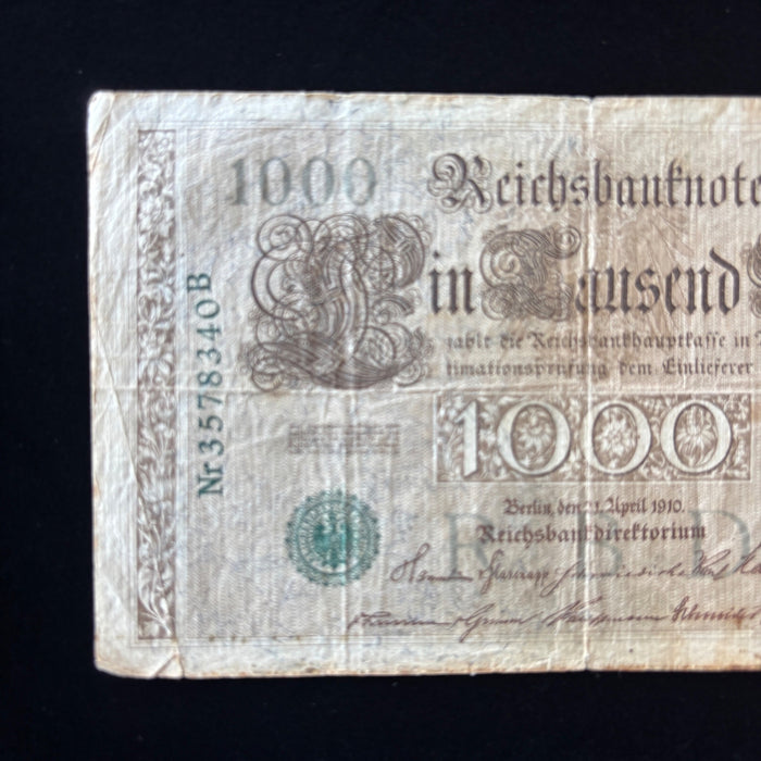 Antique Banknote 1910 German 1000 Mark Reichsbanknote Imperial Empire Blue Seal
