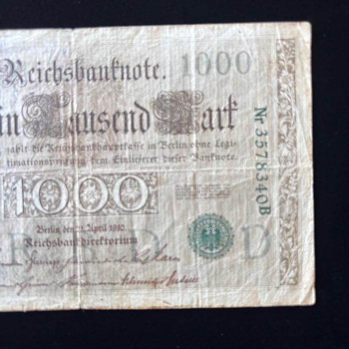 Antique Banknote 1910 German 1000 Mark Reichsbanknote Imperial Empire Blue Seal
