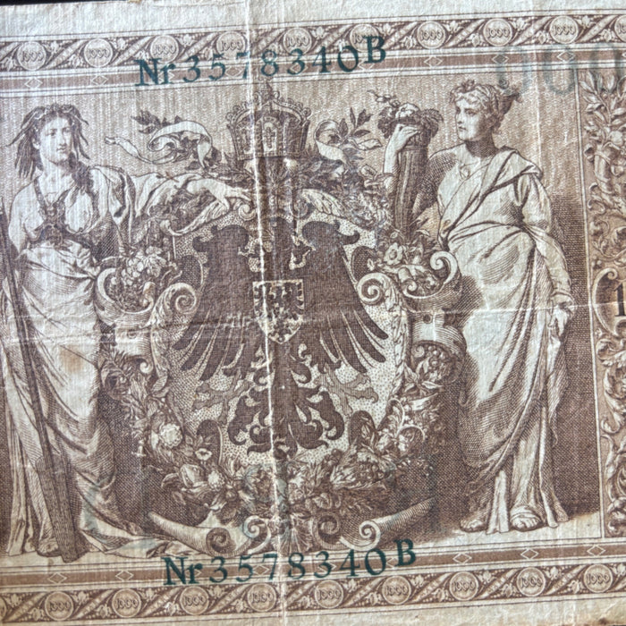 Antique Banknote 1910 German 1000 Mark Reichsbanknote Imperial Empire Blue Seal