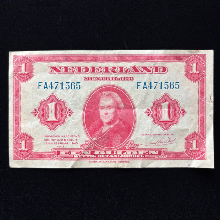Vintage Banknote 1943 Liberation Currency 1 Gulden Dutch Queen Netherland Exile