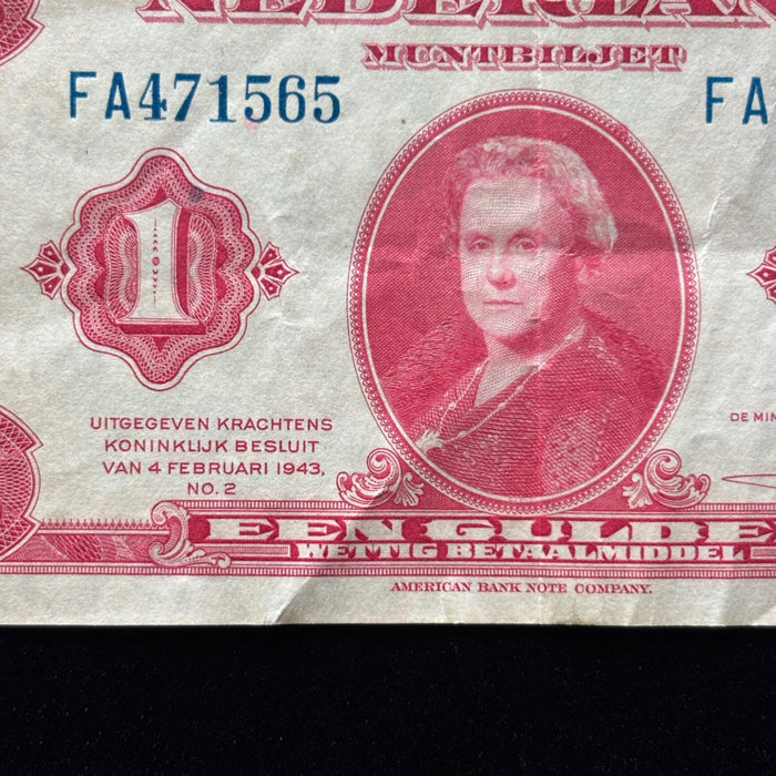 Vintage Banknote 1943 Liberation Currency 1 Gulden Dutch Queen Netherland Exile